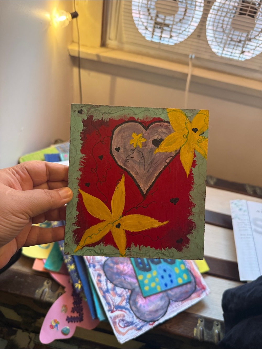 Hand-Painted Heart & Floral Canvas Wall Art in Red and Yellow